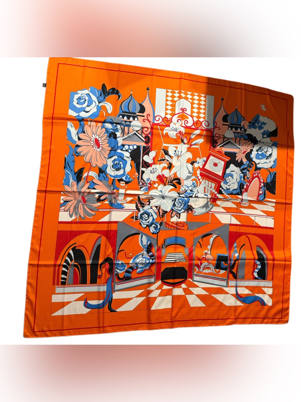 Luxury 130cm Silk Orange Floral Geometric Decorative Scarf Shawl